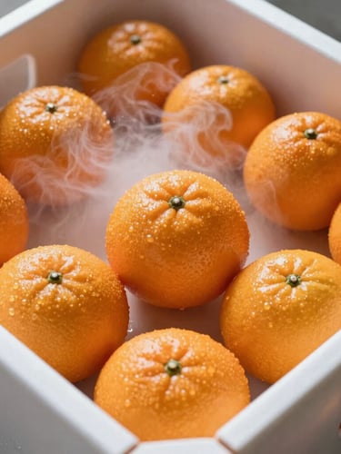 Tight macro shot of glistening fresh wholesale citrus fruit inside a temperature-controlled shipping crate, cool vapor mist, sharp focus, 35mm lens.