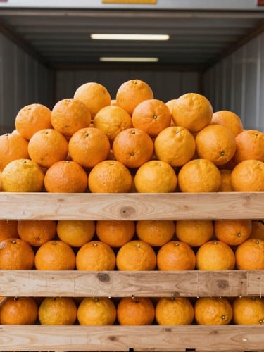 A vertical portrait of pristine wholesale citrus fruit stacked in clean wooden crates inside a modern temperature-controlled cargo facility, cool-toned industrial lighting, crisp 35mm lens.