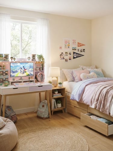 Bright, sunlit teen bedroom with a storage bed and pastel gaming desk, styled with playful accents, soft natural daylight, clean composition.