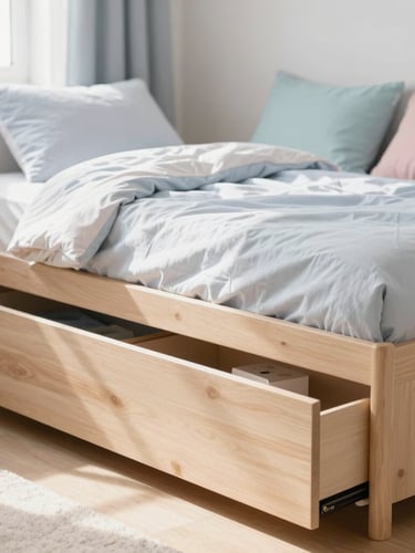 Portrait shot of a beautifully organized teen bedroom, featuring a storage drawer bed with neatly tucked bedding, pastel decor, and bright natural light streaming in, soft focus on the bed, shallow depth of field.
