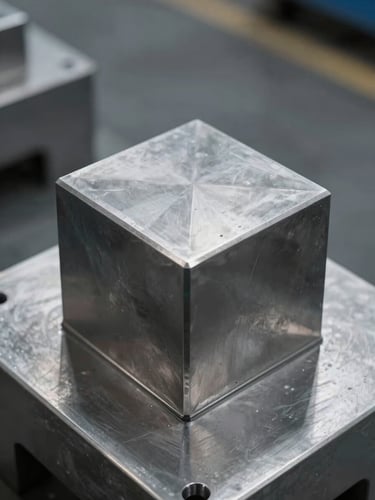 Industrial stainless steel grinding assembly, straight-on geometric elevation, dramatic rim lighting on metallic edges, cool steel tones.