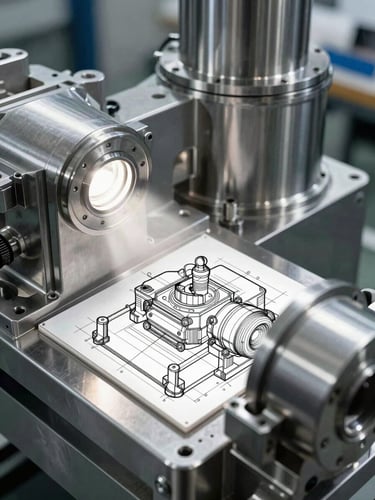 Detailed CAD-style line drawing overlaid on clean stainless steel machinery assembly, high-contrast industrial lighting, sharp focus