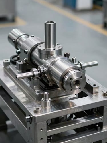 Sharp straight-on industrial photography of a heavy-duty stainless steel machinery assembly, dramatic rim lighting on metallic edges, cool steel tones, crisp depth of field, clean factory floor background