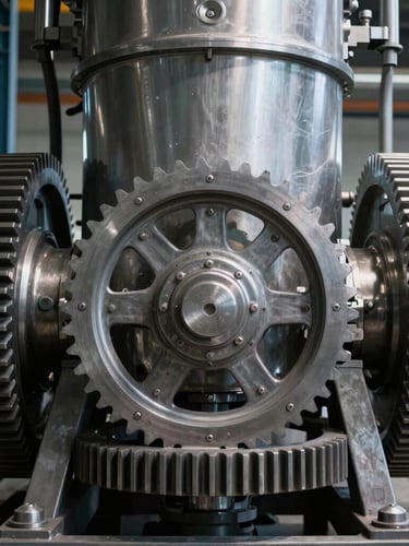 Straight-on elevation of a massive industrial pellet mill with heavy-duty steel gears, cool-toned ambient light, crisp depth of field
