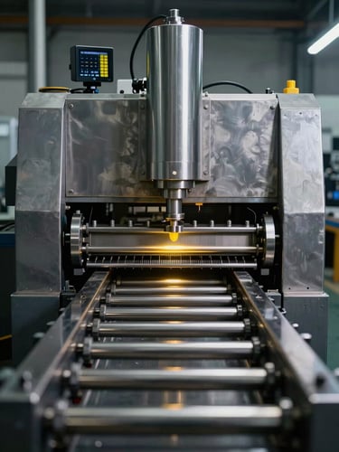 Straight-on architectural shot of a heavy-duty stainless steel industrial forming machine, cool steel tones, dramatic yellow telemetry highlights, sharp depth of field