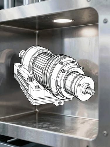 Highly detailed CAD-style line drawing overlaid on clean stainless steel machinery photography, cool steel tones, architectural geometric framing