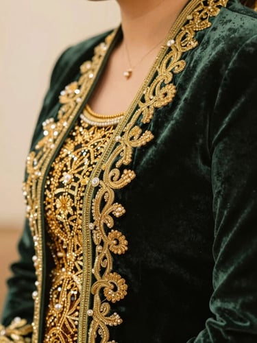Close-up of Javanese wedding attire details, intricate gold embroidery on deep green velvet, soft warm lighting, shallow depth of field.