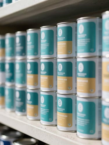 Macro shot of neatly stacked premium metal paint cans on a clean concrete shelf, bright natural daylight streaming from the side, highlighting vibrant teal and saffron labels, sharp focus, shallow depth of field.