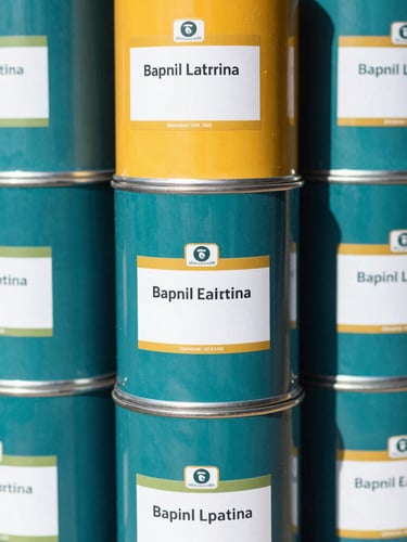 Vibrant editorial photography of neatly stacked paint cans with rich teal and saffron labels, bright natural daylight, sharp focus.