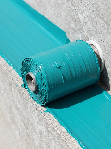 Macro shot of thick teal waterproofing compound being rolled onto a concrete wall, bright daylight, sharp focus, rich texture.