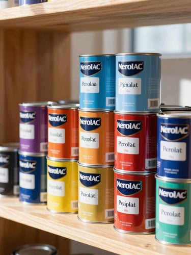 Neatly stacked premium Nerolac paint cans on structured wooden shelves, warm sunlight streaming through a window, sharp focus