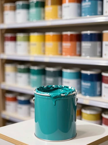 Vibrant editorial photography of rich teal and saffron paint being mixed in a bright, sunlit professional store, sharp focus, shallow depth of field