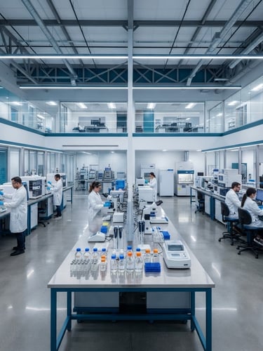Wide architectural shot of a state-of-the-art biopharmaceutical laboratory, cool crisp studio lighting, subtle blue and teal accents, sterile glass vials on a bench, high-tech equipment, low horizon.