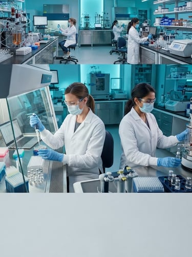 Wide panoramic of a high-tech biopharmaceutical laboratory, scientists operating precision equipment, sterile glass vials, cool crisp studio lighting, blue and teal backlighting, macro lens, high-tech sterile aesthetic.