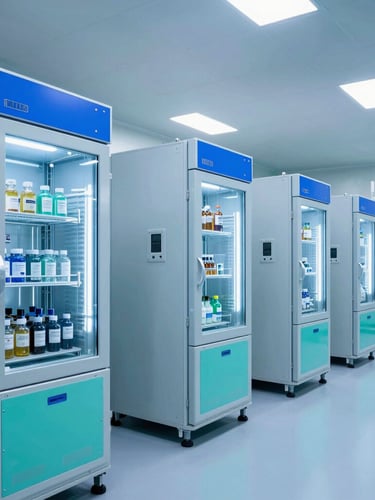 Wide, architectural shot of a sterile, high-tech pharmaceutical warehouse with automated cold-chain storage units, blue and teal accent lighting, crisp cool studio lighting.