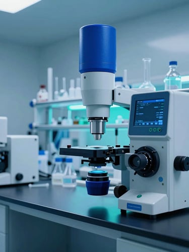 Wide architectural shot of a sterile biopharmaceutical laboratory, advanced precision equipment, cool blue and teal backlighting, macro lens, high-tech aesthetic, no people.