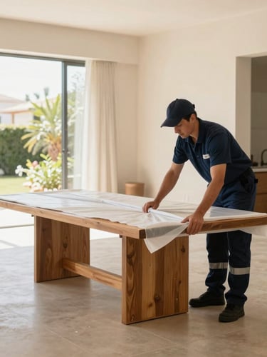 A professional moving crew member in a clean navy uniform carefully wrapping a heavy teak dining table in multi-layer protective fiber under bright, natural daylight inside a spacious villa.