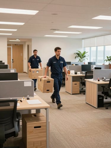 Wide-angle editorial shot of a clean, organized office lobby with wrapped workstations, professional movers in navy uniforms carefully loading a secure crate under bright daylight.