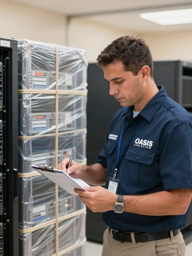 A professional environmental portrait of a uniformed Oasis logistics manager reviewing an inventory checklist next to securely wrapped corporate server racks, bright daylight.