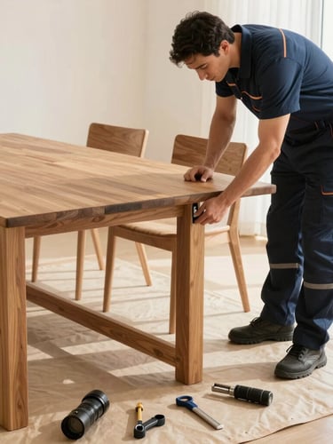A professional moving technician carefully unscrewing the joints of a large wooden dining table, tools laid out neatly on a protective mat, bright natural daylight.