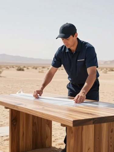 Medium environmental shot of a professional mover in clean navy uniform carefully securing a protective wrap on a solid wood dining table, bright natural desert daylight, clean composition, 35mm lens.
