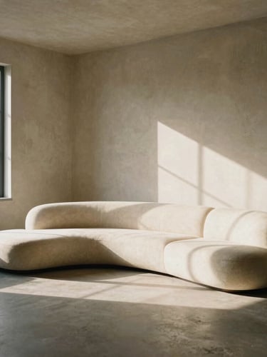 Wide architectural environmental shot of a curved modular sofa in a raw plaster brutalist room, dramatic afternoon window light, deep shadows, cream tones, medium format film.