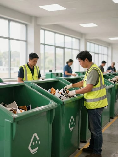 Clean, modern waste sorting facility interior, professional workers in high-visibility safety gear efficiently sorting materials, bright natural daylight, 35mm lens, sharp focus