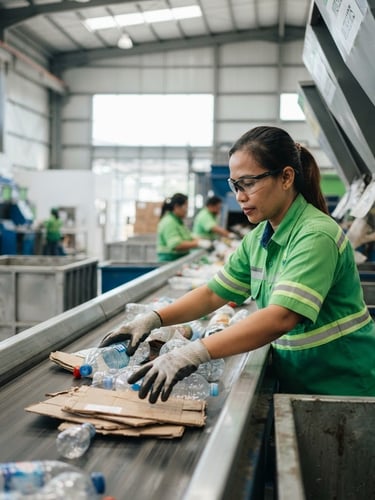 Pekerja profesional berseragam hijau cerah sedang memilah sampah daur ulang di fasilitas modern yang bersih, di bawah cahaya matahari alami yang terang, fokus tajam.