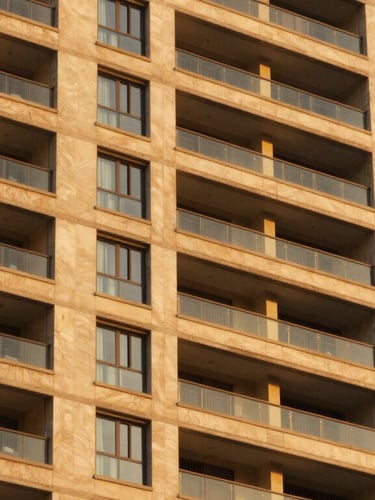 Warm golden-hour architectural detail of a premium residential tower facade in Mumbai, clean lines, rich sophisticated tones, shallow depth of field