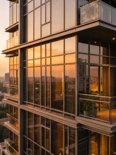 Warm golden-hour architectural detail of a premium high-rise residential tower in Vikhroli East, clean lines, sunset reflections on glass facade, shallow depth of field