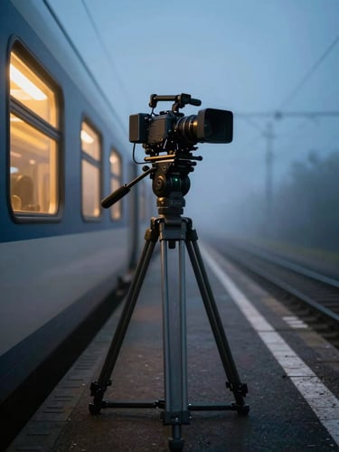 Low-angle cinematic shot of a professional camera rig mounted on a tripod on a misty European train platform at blue hour. Soft yellow light from the train window casts a warm glow, with motion-blurred transit tracks stretching into the distance. Moody, high-contrast atmosphere.