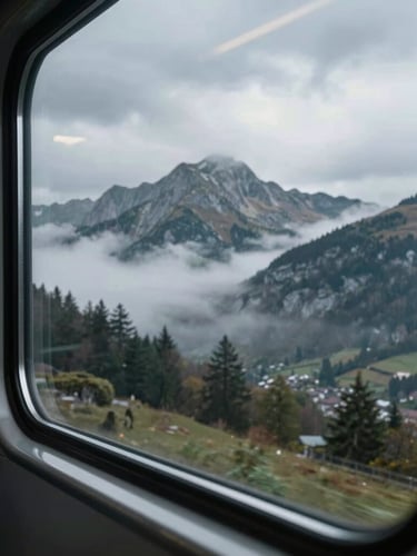 Moody train window overlooking misty European mountains, dramatic overcast sky, low-angle cinematic framing.