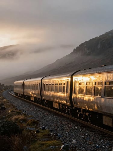 Cinematic wide shot of a passenger train winding through the dramatic misty Scottish Highlands at dawn, golden light catching the wet metal, moody atmosphere.
