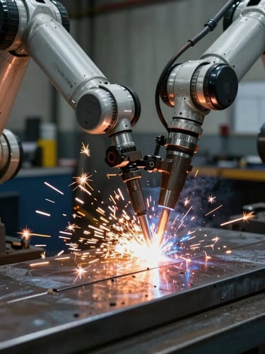 Dramatic industrial photography, close-up of a robotic welding arm firing orange sparks against dark steel plates, high-contrast workshop lighting, 35mm lens