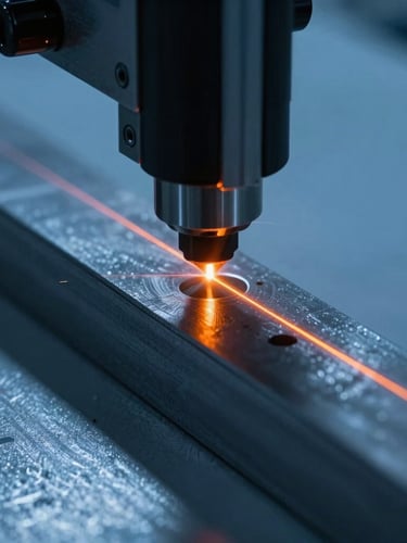 Macro shot of a high-contrast industrial laser scanner emitting a bright orange laser line across a precision-cut steel component, cool blue workshop background, dramatic shadows