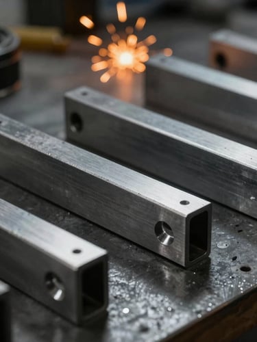 Close-up of pristine laser-cut steel components on a dark workbench, high-contrast industrial lighting, warm orange sparks in the background, 35mm lens