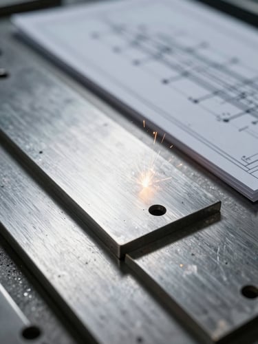 Macro shot of technical blueprints resting on pristine laser-cut steel plates, cool metallic tones, high-contrast industrial lighting, shallow depth of field