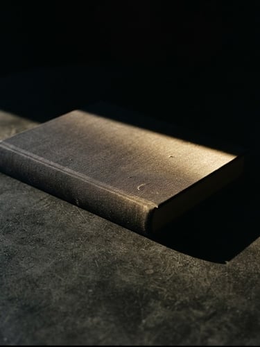 Minimalist linen-bound book casting a long shadow on a dark graphite surface, single golden ray of light, dark editorial photography, 35mm