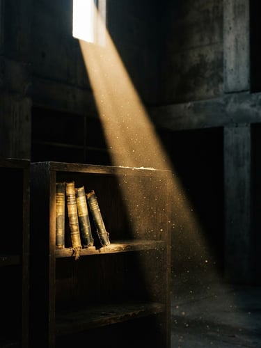 Macro close-up of a single shaft of golden light cutting through a dark, empty concrete library, dramatic chiaroscuro, deep graphite and gold tones, 35mm
