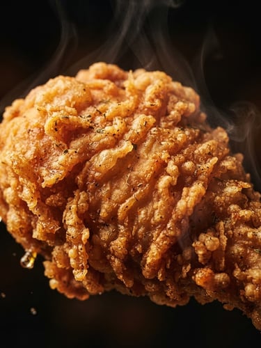 Close-up of golden-brown crispy Kentucky fried chicken, textured crunchy skin details, steam rising, rich golden tones, dark moody background, warm side lighting, macro lens