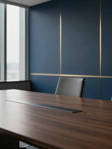 Architectural shot of a modern, high-end empty boardroom with a single chair pulled slightly out, bathed in soft natural window light, deep navy and muted gold accents, 35mm