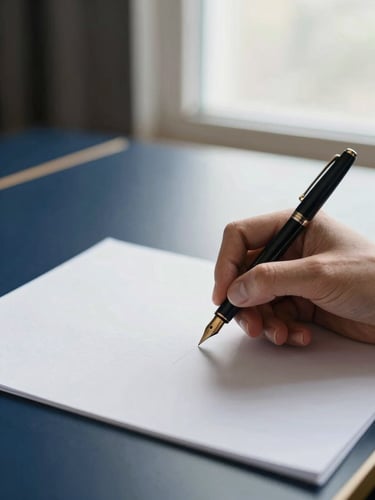 Close-up of hands writing on high-quality paper with a fountain pen, soft natural window light, architectural composition, 35mm