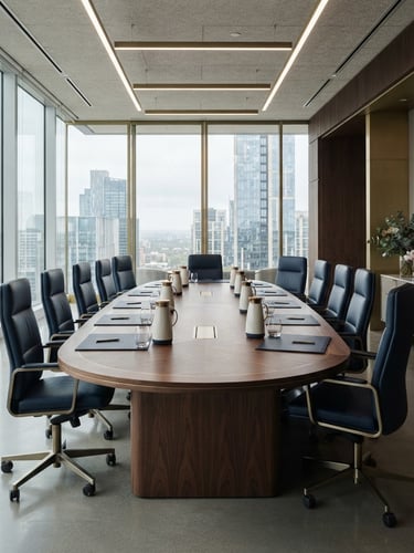 High-end executive workspace, empty boardroom with natural light, architectural details of modern offices, soft natural window light, deep navy and muted gold accents, 35mm