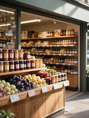 Wide portrait frame, north-facing daylight flooding a specialty food market shopfront — a wooden stall counter stacked with jars and seasonal produce in the left foreground, deep shelves receding behind, one pair of hands arranging a row of preserves near the edge of frame. Warm ambient light, no fill flash, soft shadows.