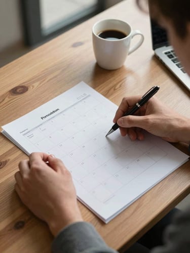 Close-up overhead view of a Pomodoro team member's hands arranging printed content calendar sheets on a wooden table, a pen resting on the sheets, a half-full coffee cup at the edge, north-facing daylight from a nearby window casting soft directional light, no laptop screen visible