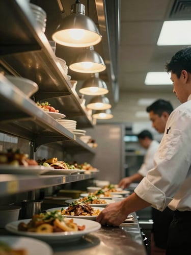 Tall portrait of a restaurant pass-through shelf at the end of a dinner service, a cook's arm reaching to place a finished dish under warm overhead light, shot from a low angle with the kitchen visible and blurred behind, documentary and intimate
