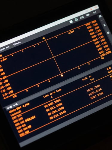 Top-down macro shot of a dark high-contrast screen displaying a real-time focus telemetry interface with sharp orange data plots and monospaced metrics, low-key side lighting.