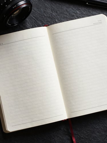 Top-down macro flat-lay of a premium open planner on a dark slate desk, heavy textured paper, sharp black ink lines, dramatic side lighting.