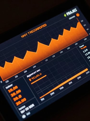 Macro top-down view of a dark digital screen displaying a high-contrast orange attention tracker interface with telemetry graphs and precise data points, dramatic side lighting.