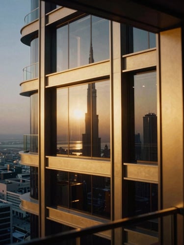 Anamorphic close-up of a high-end luxury penthouse interior in Dubai, overlooking the skyline at dusk, gold accents reflecting warm light, dramatic shadows, 35mm film